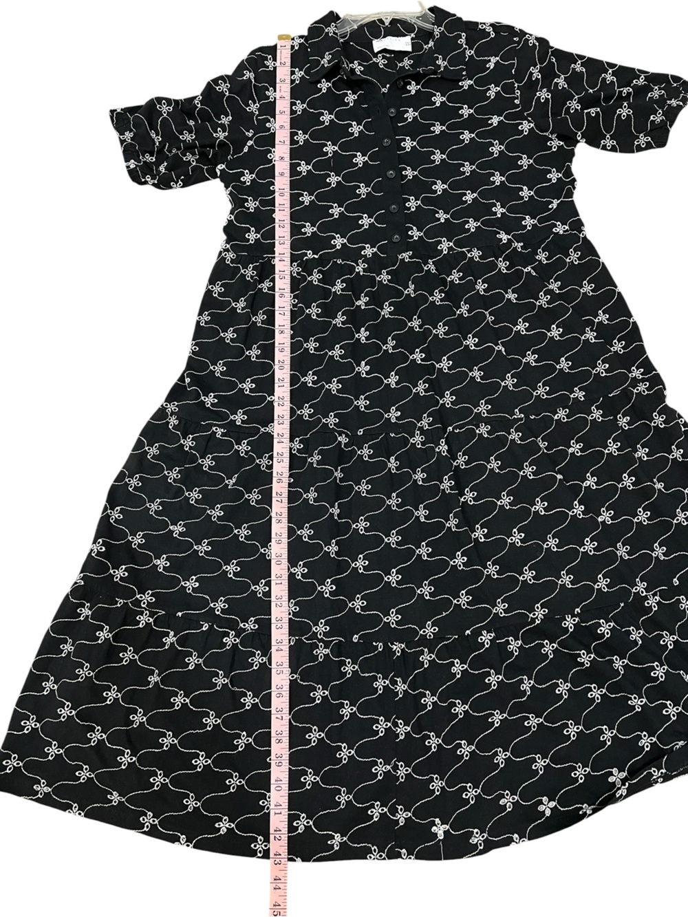 ASOS Black Midi shirt Dress with White embroidered Chain-Link eyelet detail. - Picture 10 of 10